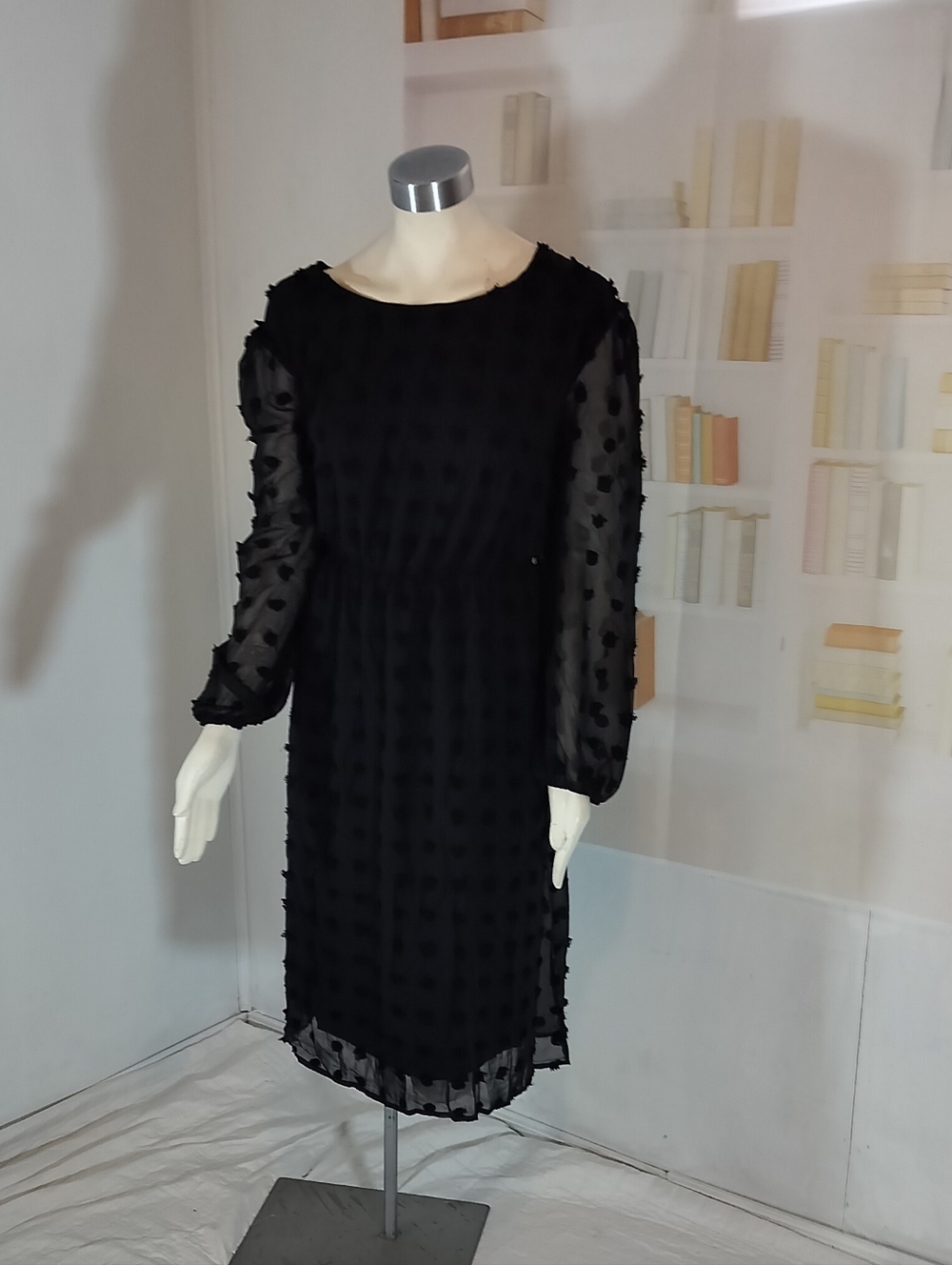 & Other Stories Black Sheer Dot-Textured Long-Sleeve Midi Dress